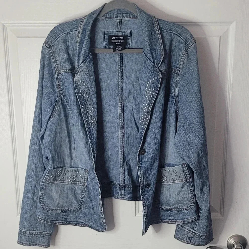 Squeeze Jeans Vintage Embellished Denim Blazer Jacket - Size 18 - Picture 4 of 10